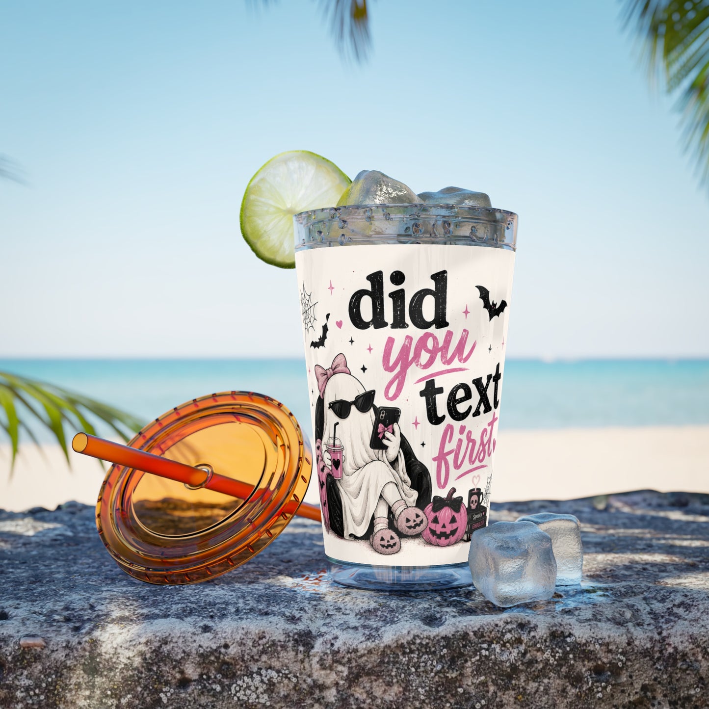 Did You Text First Halloween Tumbler | 16 oz Ghost Cup with Straw | Cute Pink Halloween Cup | Spooky Coquette Tumbler | Fall Gift