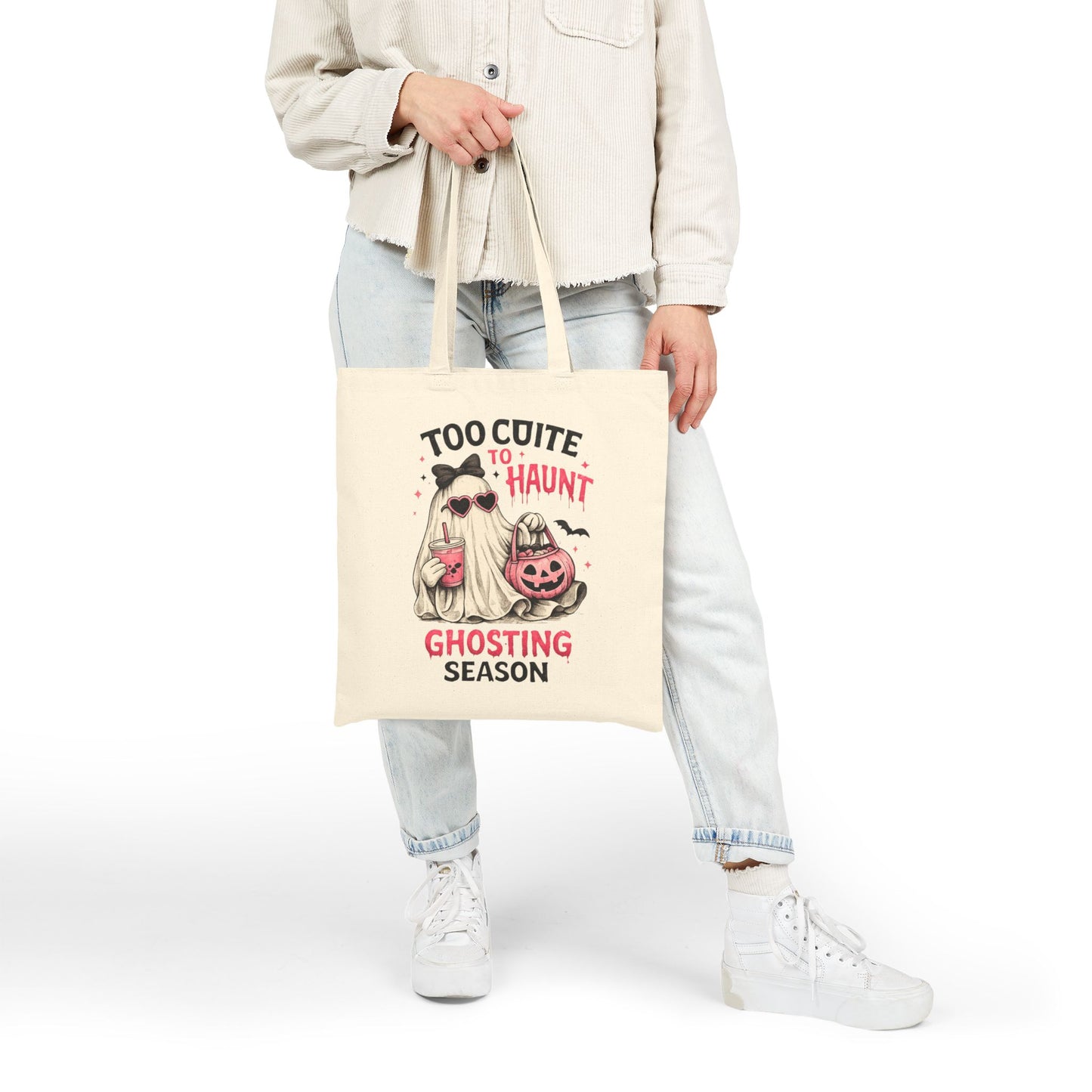 Too Cute to Haunt Canvas Tote Bag | Ghosting Season Halloween Tote | Cute Ghost Book Bag | Coquette Fall Tote | Pumpkin Patch Gift