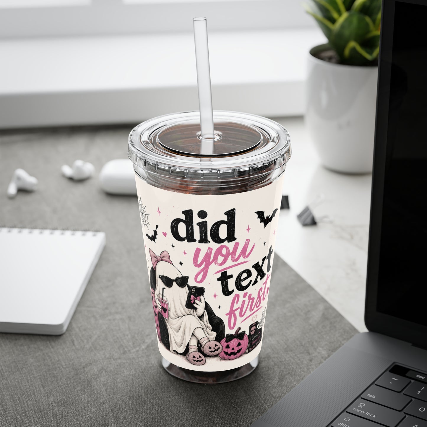 Did You Text First Halloween Tumbler | 16 oz Ghost Cup with Straw | Cute Pink Halloween Cup | Spooky Coquette Tumbler | Fall Gift