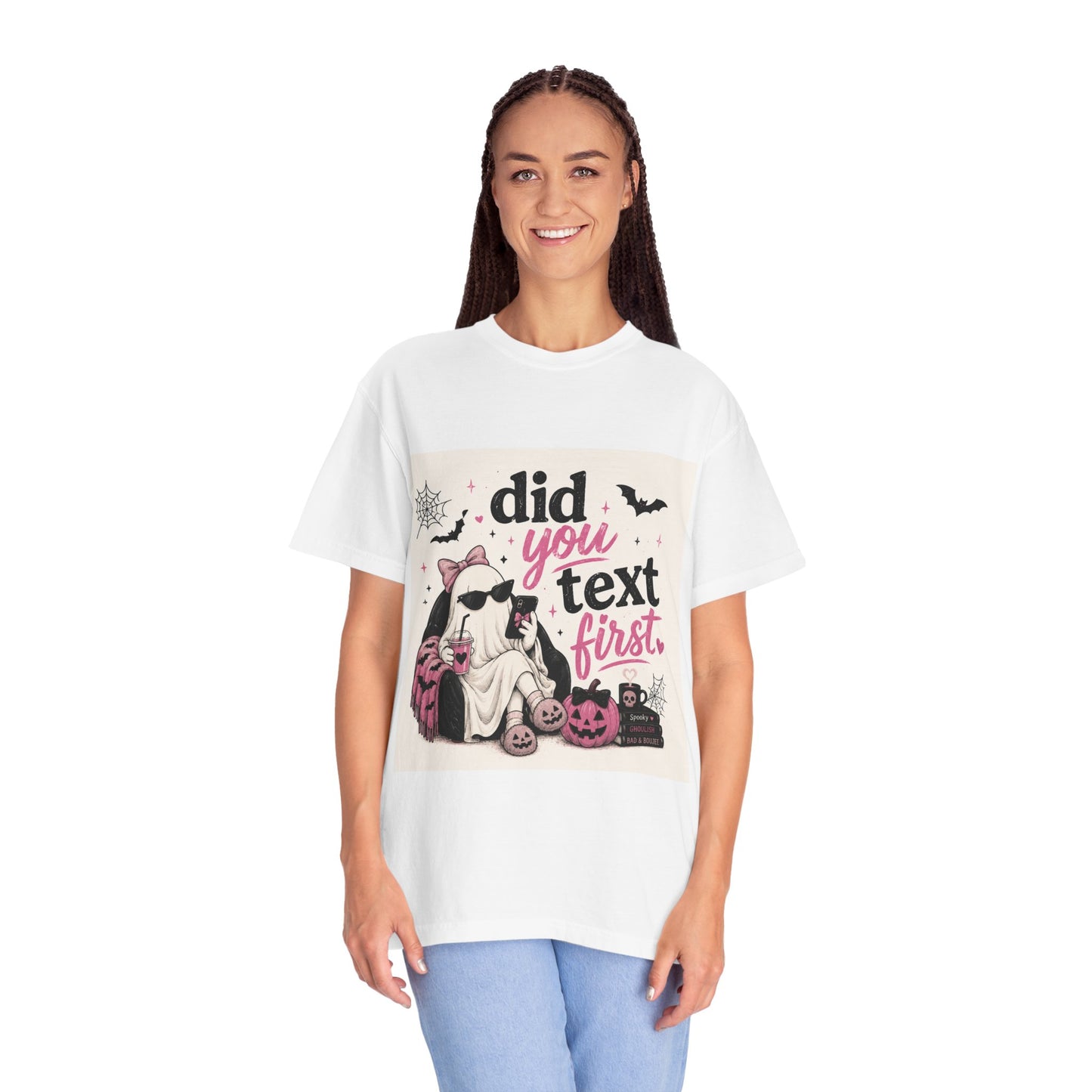 Did You Text First ghost graphic T-shirt | Halloween spooky pink design