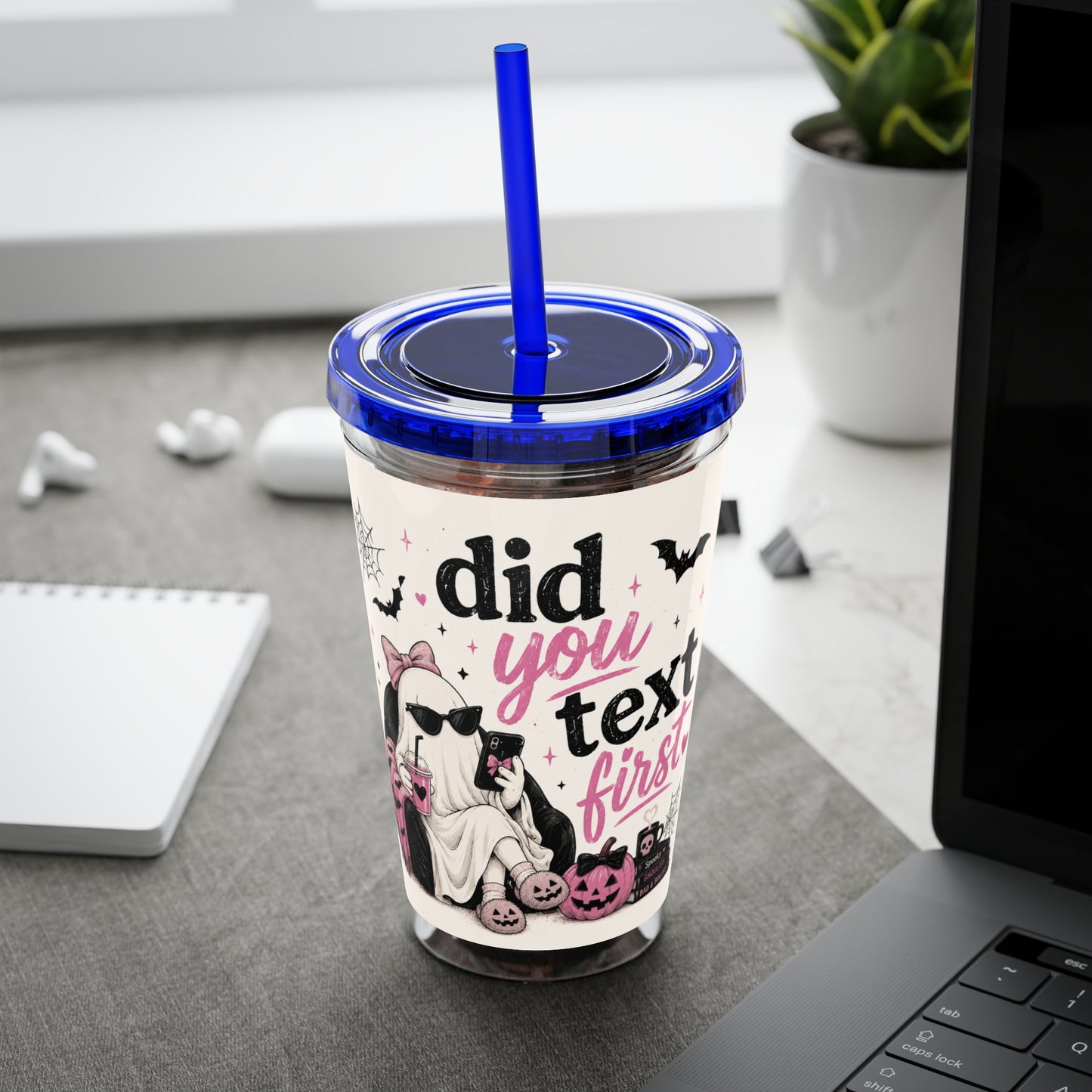 Did You Text First Halloween Tumbler | 16 oz Ghost Cup with Straw | Cute Pink Halloween Cup | Spooky Coquette Tumbler | Fall Gift