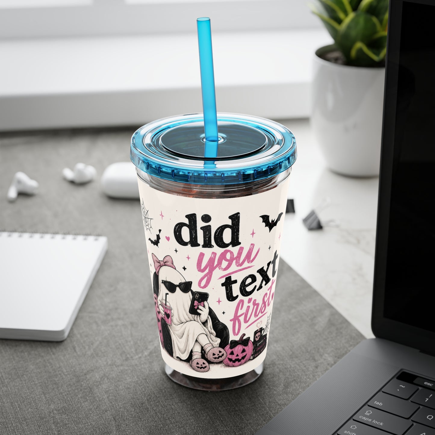 Did You Text First Halloween Tumbler | 16 oz Ghost Cup with Straw | Cute Pink Halloween Cup | Spooky Coquette Tumbler | Fall Gift