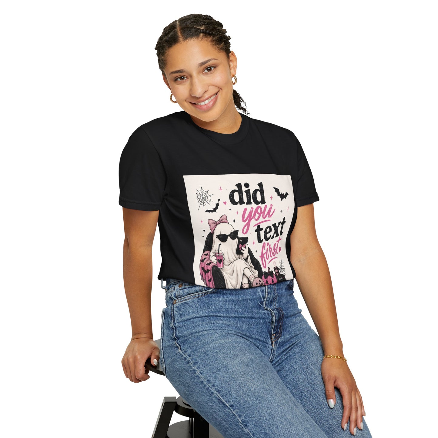 Did You Text First ghost graphic T-shirt | Halloween spooky pink design