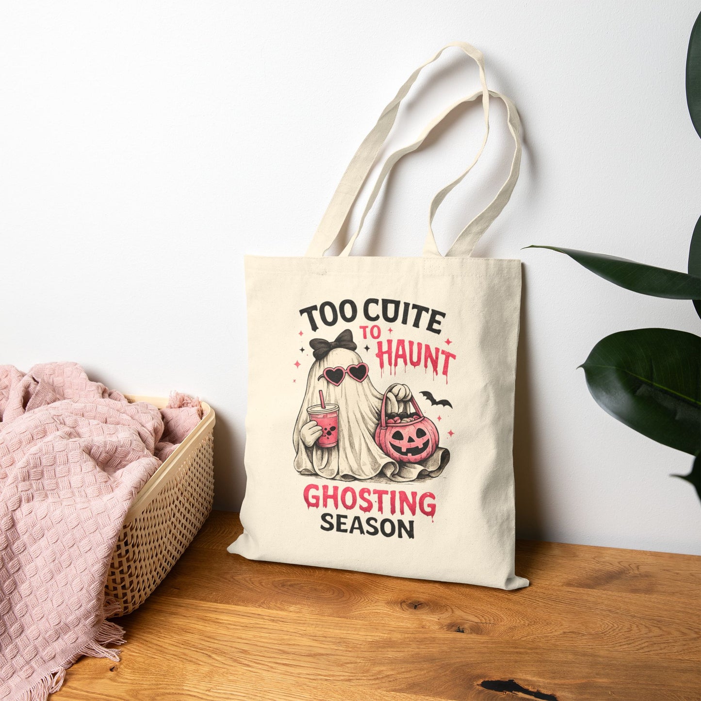 Too Cute to Haunt Canvas Tote Bag | Ghosting Season Halloween Tote | Cute Ghost Book Bag | Coquette Fall Tote | Pumpkin Patch Gift