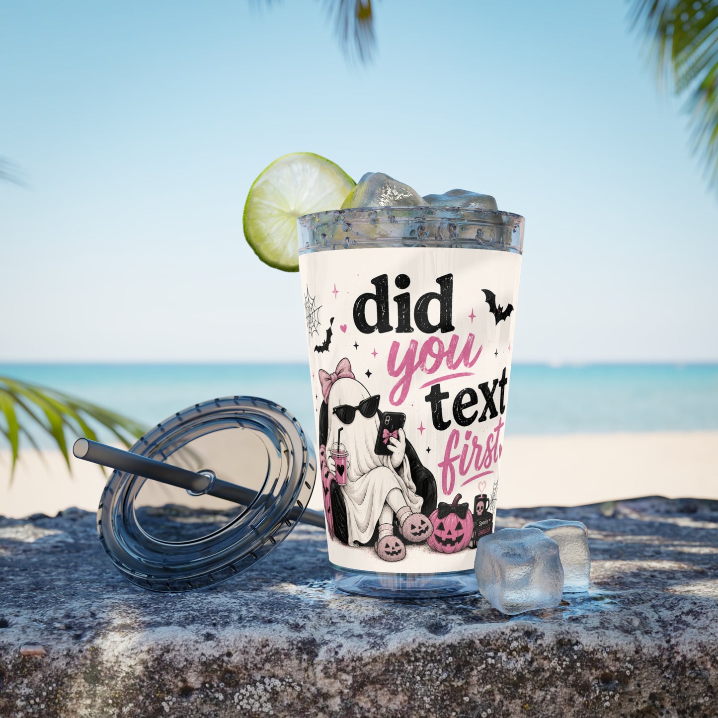 Did You Text First Halloween Tumbler | 16 oz Ghost Cup with Straw | Cute Pink Halloween Cup | Spooky Coquette Tumbler | Fall Gift