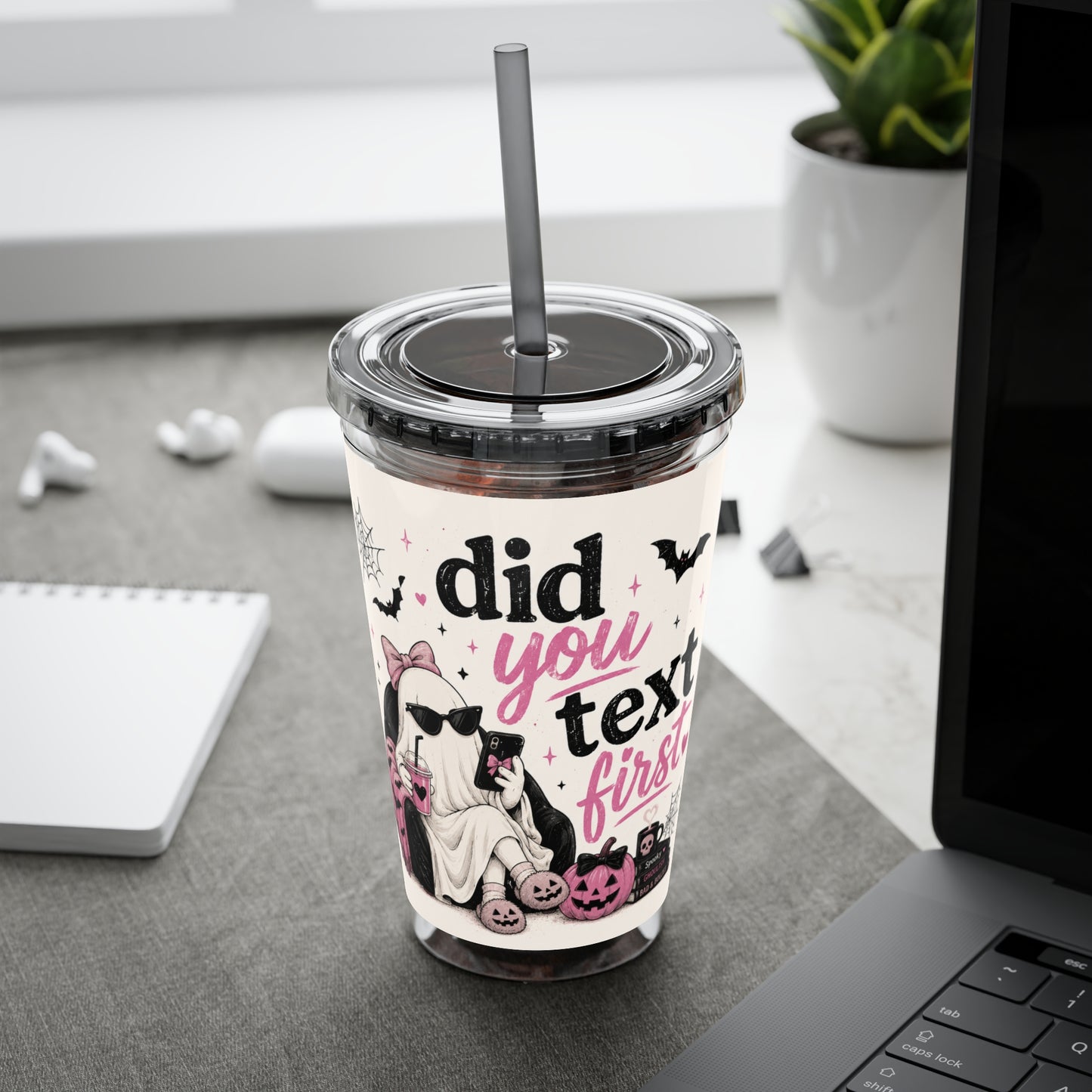 Did You Text First Halloween Tumbler | 16 oz Ghost Cup with Straw | Cute Pink Halloween Cup | Spooky Coquette Tumbler | Fall Gift