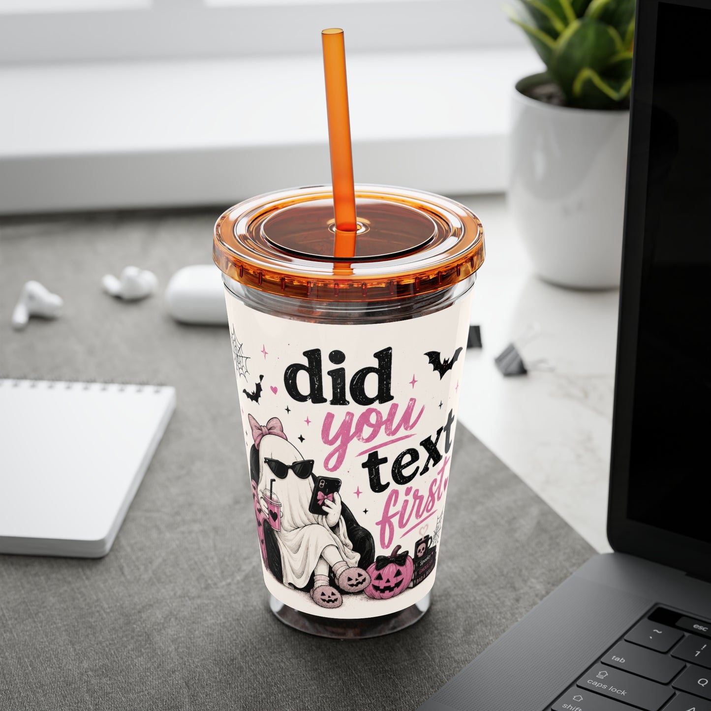 Did You Text First Halloween Tumbler | 16 oz Ghost Cup with Straw | Cute Pink Halloween Cup | Spooky Coquette Tumbler | Fall Gift