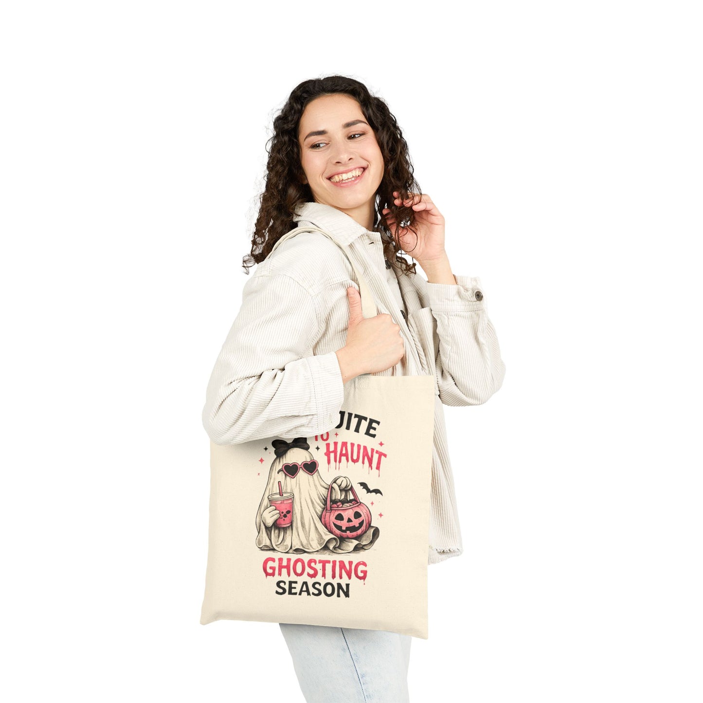 Too Cute to Haunt Canvas Tote Bag | Ghosting Season Halloween Tote | Cute Ghost Book Bag | Coquette Fall Tote | Pumpkin Patch Gift