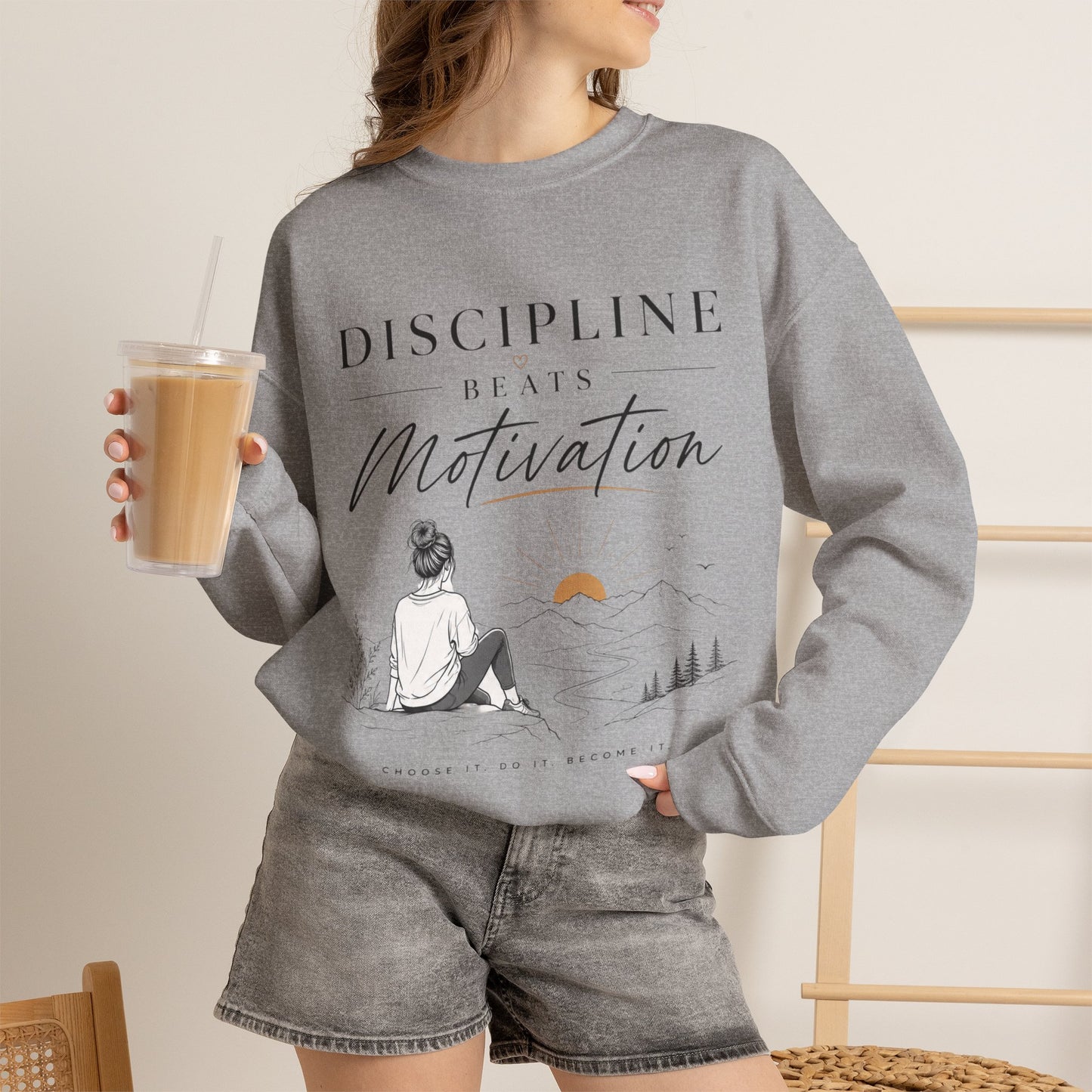 Discipline Beats Motivation Crewneck Sweatshirt | Inspirational Women's Sweatshirt | Motivational Graphic Pullover | Cozy Gift for Her