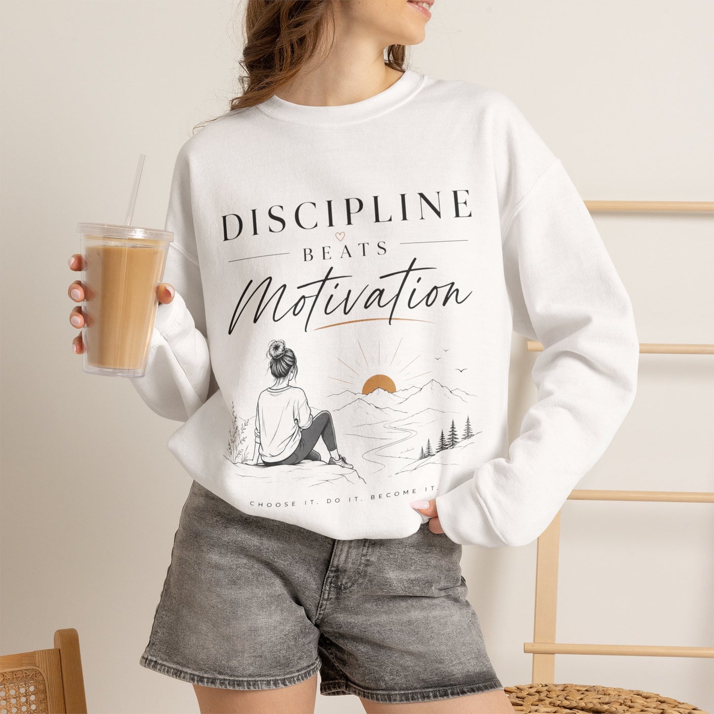 Discipline Beats Motivation Crewneck Sweatshirt | Inspirational Women's Sweatshirt | Motivational Graphic Pullover | Cozy Gift for Her