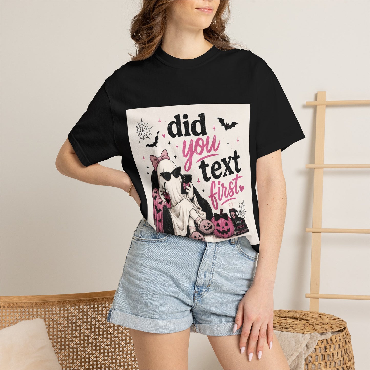 Did You Text First ghost graphic T-shirt | Halloween spooky pink design