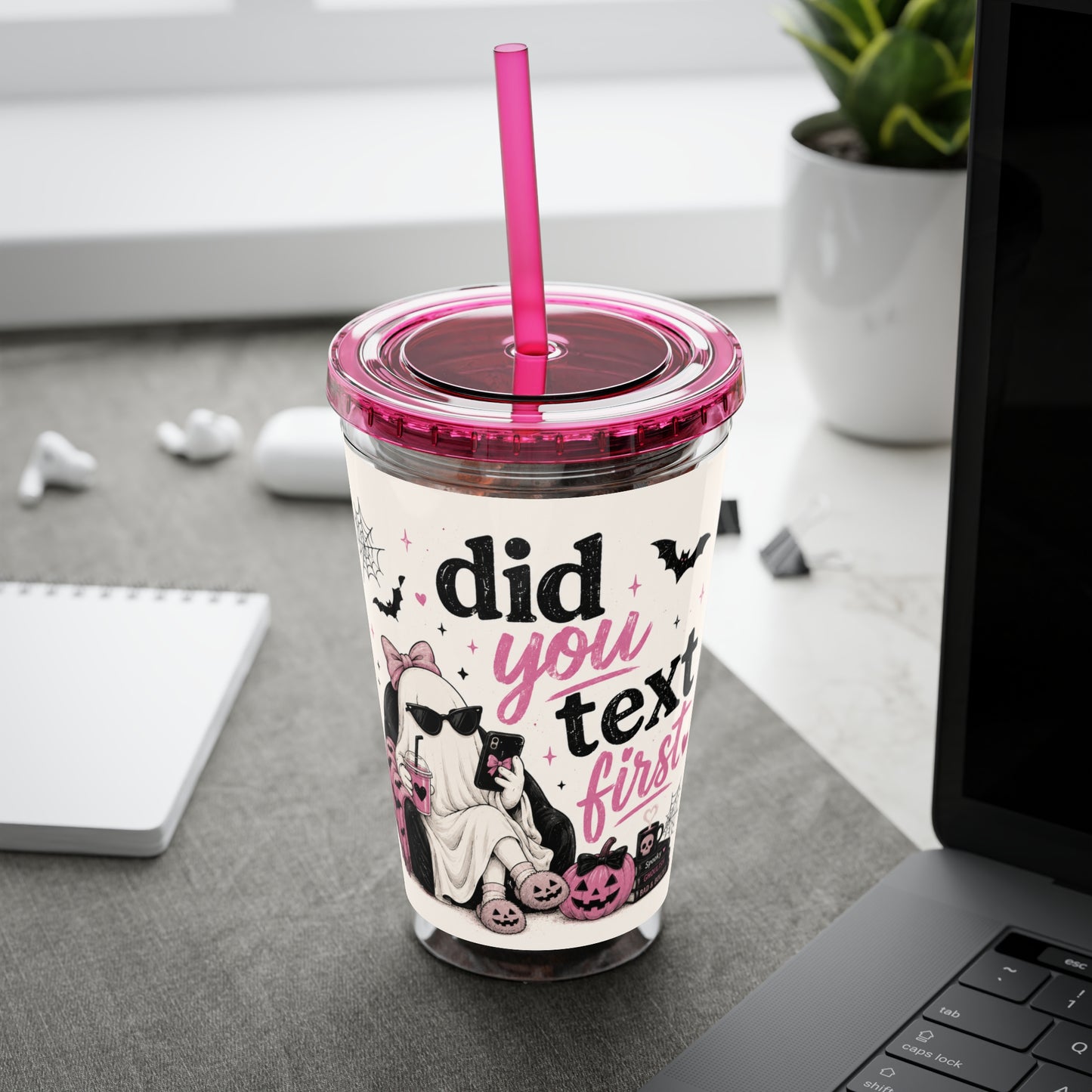 Did You Text First Halloween Tumbler | 16 oz Ghost Cup with Straw | Cute Pink Halloween Cup | Spooky Coquette Tumbler | Fall Gift