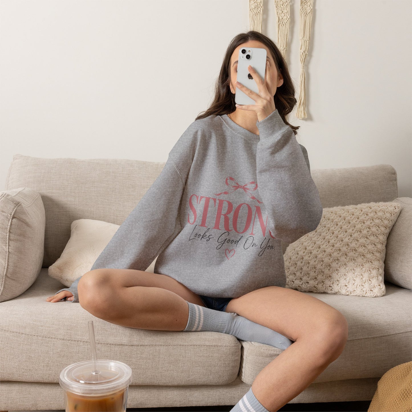 Strong Looks Good On You Sweatshirt | Inspirational Crewneck | Motivational Graphic Sweatshirt | Cozy Women's Pullover | Gift for Her