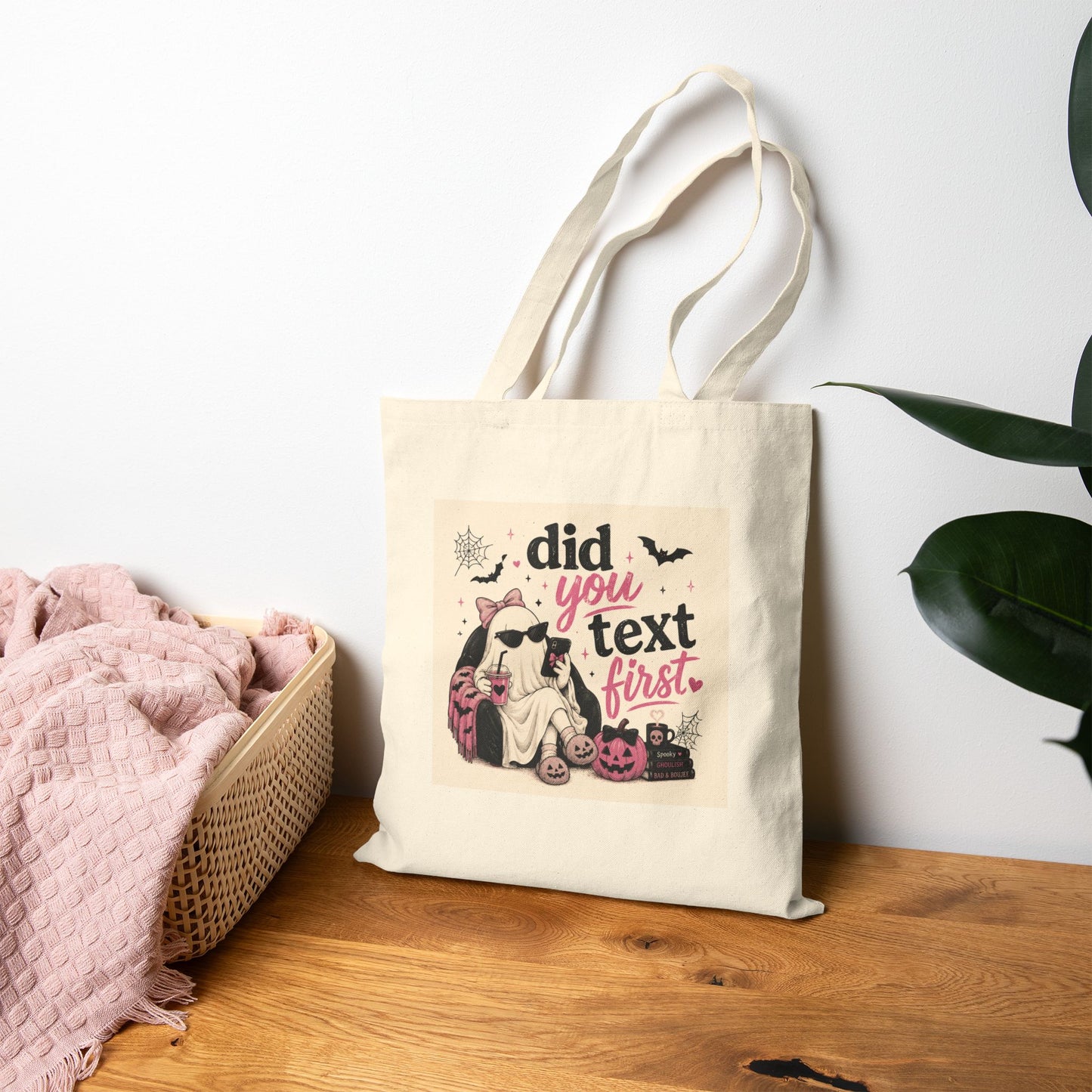 Did You Text First ghost Halloween Tote Bag | spooky jack-o'-lanterns