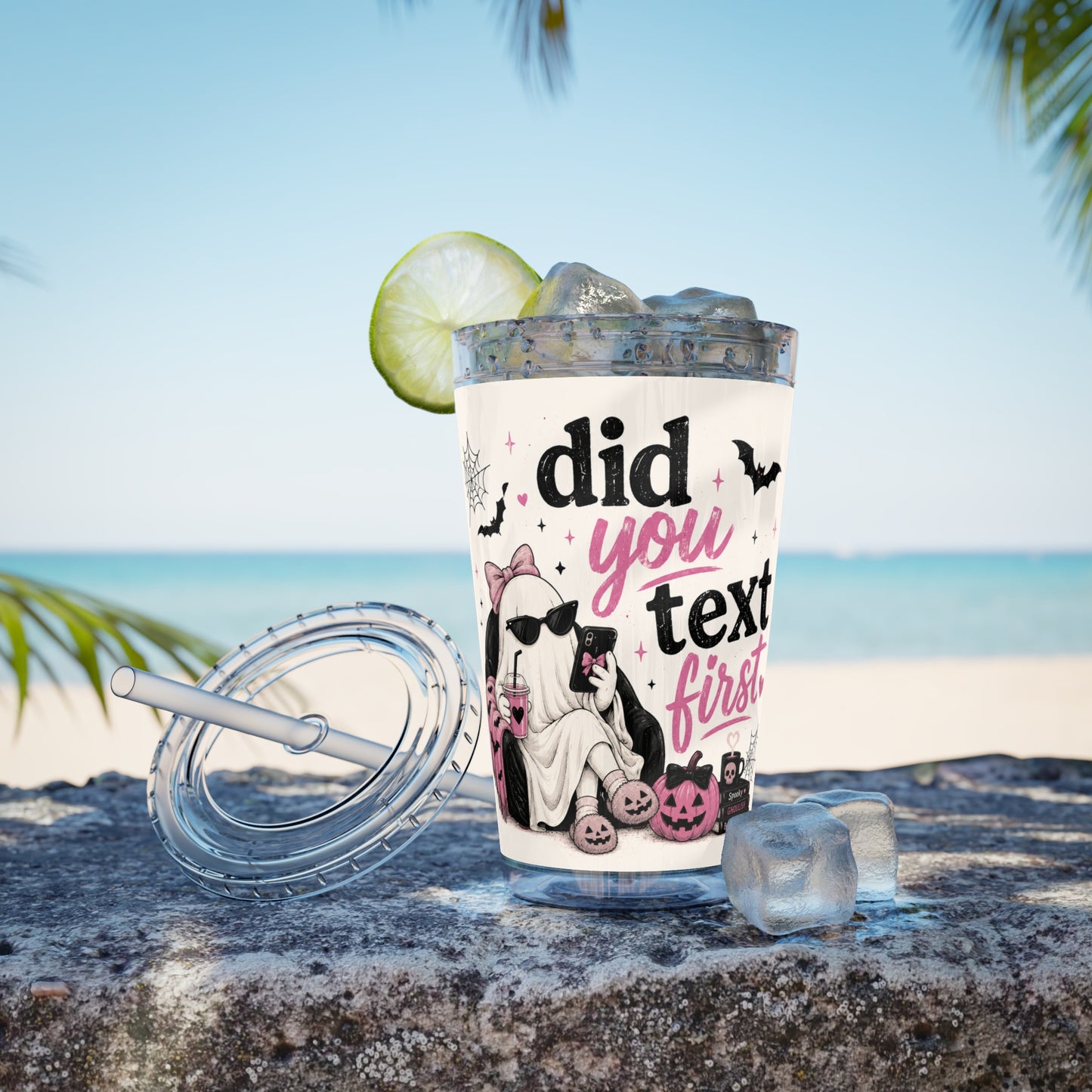 Did You Text First Halloween Tumbler | 16 oz Ghost Cup with Straw | Cute Pink Halloween Cup | Spooky Coquette Tumbler | Fall Gift